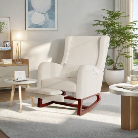 Gepolsterter Schaukelstuhl, Mattierter Samt, Mit Lendenkissen und ausziehbarer Fußstütze, Loungesessel für Wohnzimmer und Schlafzimmer, Beige (1/5)