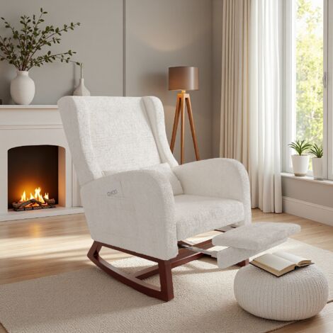 Gepolsterter Schaukelstuhl, Teddysamt, Relaxsessel mit Lendenkissen und ausziehbarer Fußstütze, Loungesessel für Wohnzimmer und Schlafzimmer, Beige (1/5)