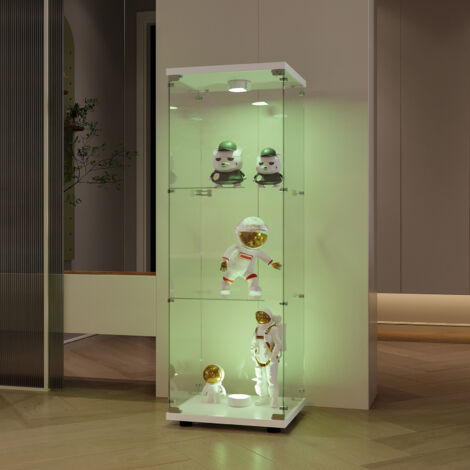 Eintürige Glasvitrine, 3 Regale, Glasvitrine mit Schloss und LED-Licht, für Sammlerstücke, Glasschließfächer für Büro, Wohnzimmer, Weiß (1/5)