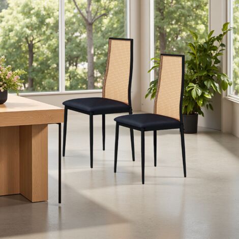 2 Stück Esszimmerstühle, Einfache Freizeitstühle, Stützbeine aus Metall, Rattan-Esszimmerstühle, Stühle für Wohnzimmer und Schlafzimmer, Schwarz, Quadratische Rückenlehne (1/5)