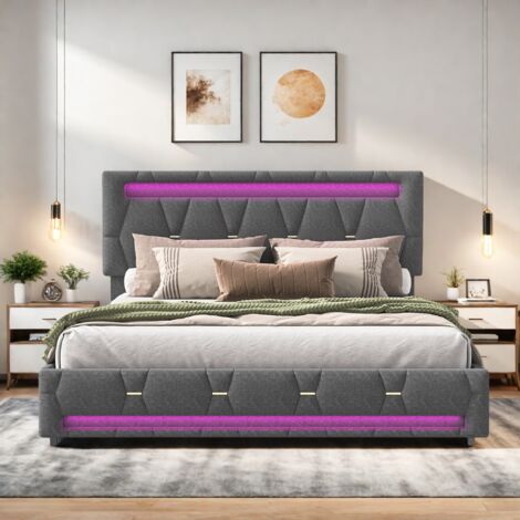 Gepolstertes Doppelbett, 140x200cm, Schubladenbettrahmen mit 4 Schubladen, verstellbares Kopfteil, Erwachsenenbett, Leinen, Grau (1/5)