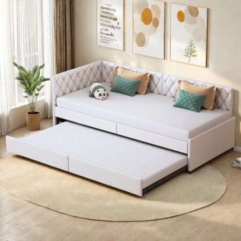 Schlafsofa 90x200 cm, Einzelbett, Ausziehbares Unterbett für 2 Personen, Kinderbett, Jugendbettgestell, Multifunktionsbett, Samt, Beige