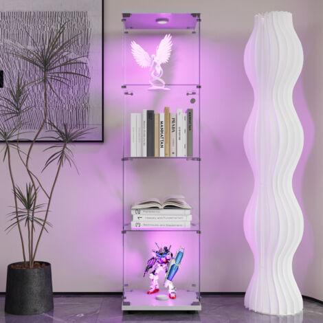 Eintürige Glasvitrine, 4-lagiger Schrank, Glasvitrine für Sammlerstücke, mit Schloss und Ambientebeleuchtung, Glasschließfächer für Büro, Wohnzimmer, Weiß (1/5)
