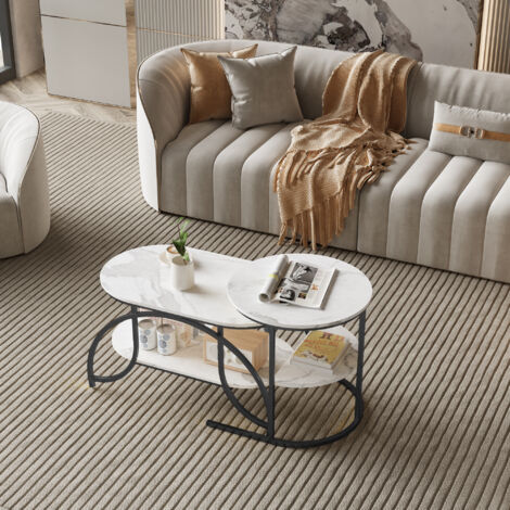 2er-Set Couchtisch, 2-stöckiger ovaler moderner Mitteltisch, Satztisch, Wohnzimmer-Beistelltisch, schwarzer Metallrahmen, Sofatisch, höhenverstellbare Tischbeine