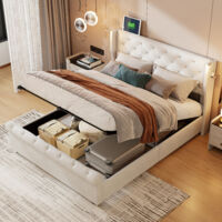 Doppelbett 140 x 200 cm, Kopfteil mit Leselampe, USB-Anschlüsse, Hydraulisches Stauraumbett, Bett im europäischen Stil, Jugendbett, Samtstoff, beige