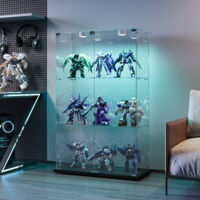 Glasvitrine, Doppeltür-3-Schicht-Schrank, Standvitrine für Sammlerstücke, Schließfächer mit Schloss und LED, für Wohnzimmer, Schlafzimmer, Büro, Schwarz