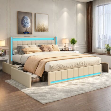 Letto moderno imbottito a LED, struttura letto contenitore con 4 cassetti e porte di ricarica USB, 140 x 200 cm, tessuto di lino, per ragazzi, bambini, adulti, beige, senza materasso (1/5)