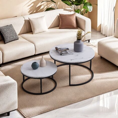 Set di 2 tavolini rotondi moderni, impilabili, mobili contemporanei per il soggiorno, piano bianco, struttura oro o nero, tavolo grande 80 x 80 x 45 cm, tavolo piccolo 60 x 60 x 33 cm