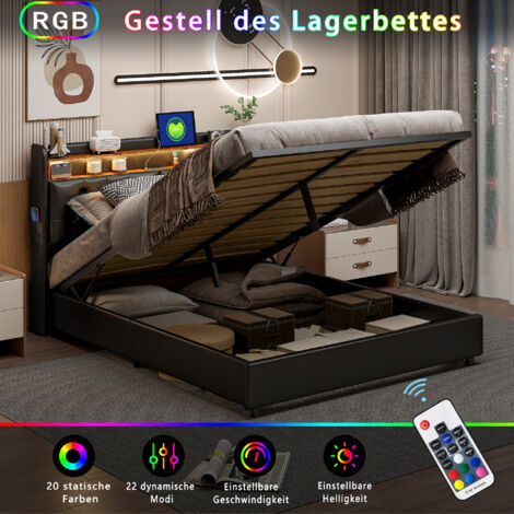 Letto Imbottito 140x200 Cm Con LED RGB, Testiera Con Ricarica Wireless E USB, 4 Cassetti, Rete A Doghe, Senza Materasso