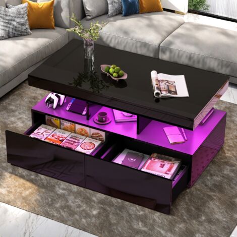Tavolini da caffè moderni a LED, tavolino da caffè in legno con cassetti e ripiani aperti, tavolino da caffè in MDF con dettagli neri/bianchi per soggiorno, nero