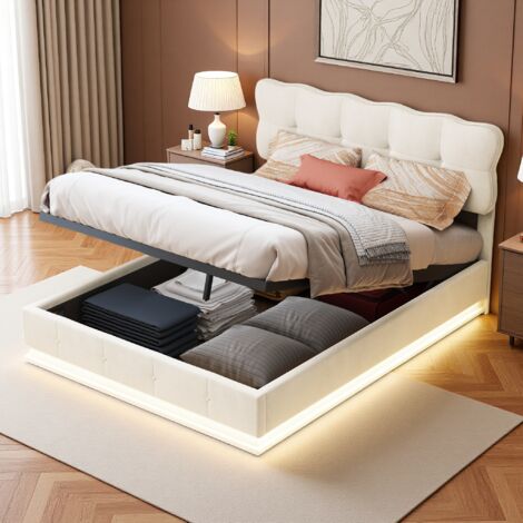 LIVLUX Letto Contenitore Imbottito 160x200 Cm Con LED E Testiera Illuminata – Velluto Beige, Rete A Doghe, Sollevamento Idraulico - 4