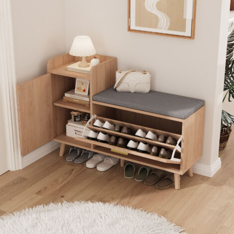 Scarpiera classica, panca portascarpe in stile retrò, panca portascarpe da ingresso, con cuscino, anta a ribalta e ripiani regolabili, materiale MDF di alta qualità.
