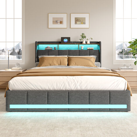 Letto imbottito 140x200cm, letto matrimoniale LED, con 4 cassetti e 2 postazioni di ricarica USB, testiera con vano contenitore, tessuto di lino, grigio