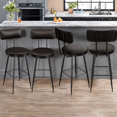 Sgabelli da bar neri, set da 4, sgabelli con schienale e poggiapiedi, sedia da bar per cucina e bar, similpelle, gambe in metallo nero, stile moderno, altezza 65 cm, sedia per la casa