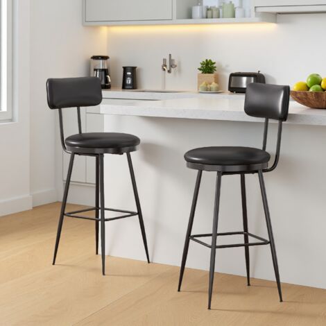 Sgabelli da bar neri, set da 2, sgabelli con schienale e poggiapiedi, sedia da bar per cucina e bar, similpelle, gambe in metallo nero, stile moderno, altezza 65 cm, sedia per la casa