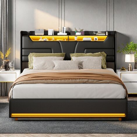 Cama doble 160x200cm, Estructura de cama tapizada, Cama para adultos con elevación hidráulica, Cama con almacenaje con iluminación LED, Puerto de carga, Superficie de cuero artificial, Color negro (1/5)