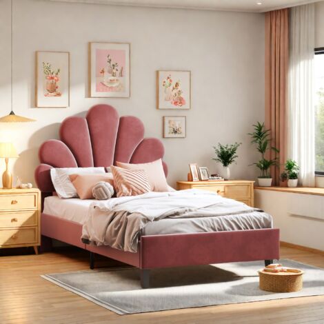 Cama infantil 90 x 200 cm, cama individual para niñas, cabecero regulable en altura, cabecero floral, cama infantil tapizada, terciopelo, color rojo vino.