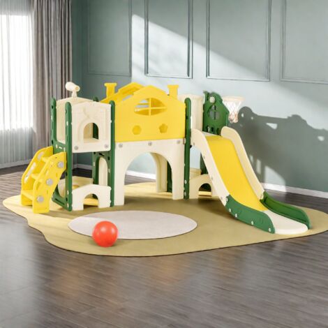 Tobogán de escalada 7 en 1 para niños, columpio con canasta de baloncesto, escalera, espacio de almacenamiento, tobogán de jardín para interiores y exteriores, tobogán individual. (1/5)