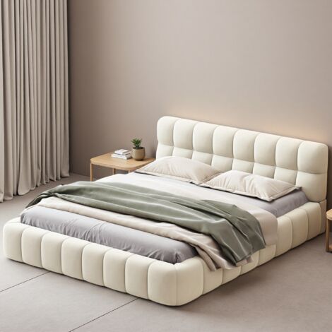 Cama tapizada 160x200 cm, Diseño de colchón encastrado, Cama juvenil, Cama de matrimonio con respaldo suave, Cama plana con borde tapizado, Lino, Beige