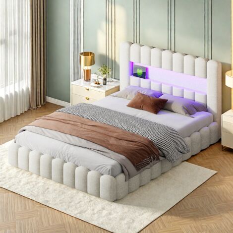 Cama tapizada 180x200 cm,Colchón encastrado,Cama de matrimonio con respaldo suave,cenefa tapizada,Cabecero con LED y puerto USB,lino Beige