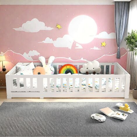Cama infantil con protección anticaídas, 90 x 200 cm, madera maciza de pino, cama de suelo Montessori para niños y niñas, color blanco