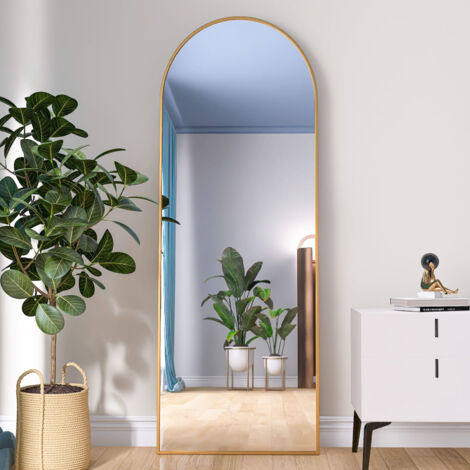 Espejo arqueado de cuerpo entero de 60 x 165 cm, con soporte ajustable, espejo de pie sencillo, marco de aluminio dorado, para dormitorio, decoración del hogar, pared, sala de estar, guardarropa.