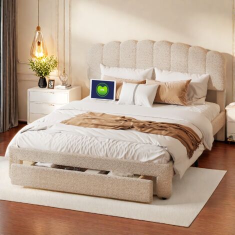 Upholstered bed 140x200 cm,Single bed, Youth bed,Adjustable headboard with USB Port, large drawer storage,skin-friendly Teddy Velvet, Beige (1/5)