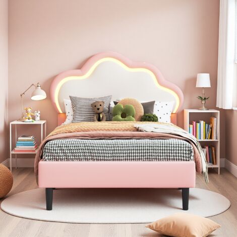 Cama infantil 90200 cm, cama individual para niños, cabecero ajustable con LED, cabecero en forma de nube, cama para niñas, cama princesa, cuero, rosa (1/5)