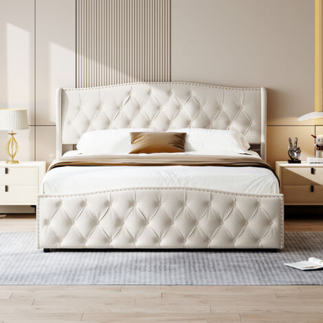 Cama tapizada de 140 x 200 cm, cama doble hidráulica, cama continental de franela, camas con canapé, cama doble para adultos y adolescentes, beige (1/5)