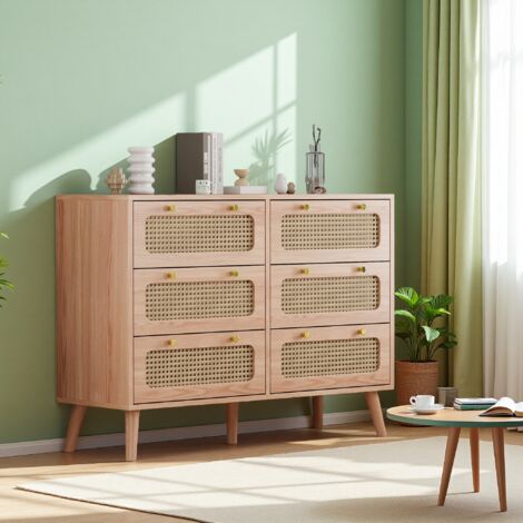 Cómoda de ratán, armario de almacenaje, 6 cajones, aparador con sistema antivuelco para salón, comedor y pasillo, color madera.