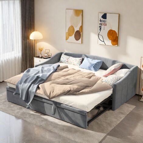 Sofá cama extraíble de 90/180 x 200 cm, tapizado, con somier, cama multifuncional, tapizado en terciopelo, color gris.