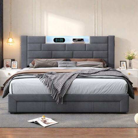 Cama doble 140x200cm, Canapé con 3 cajones, Cabecero con LED y puerto USB, Cama para adultos, Terciopelo, Gris