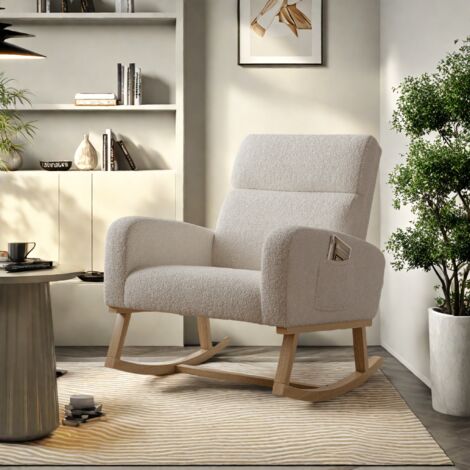 Mecedora tapizada, Terciopelo Teddy, Cojín grueso, Sillón columpio, Reposabrazos con bolsillos, Sillón de sala, Sillón para dormitorio y balcón, Beige (1/5)