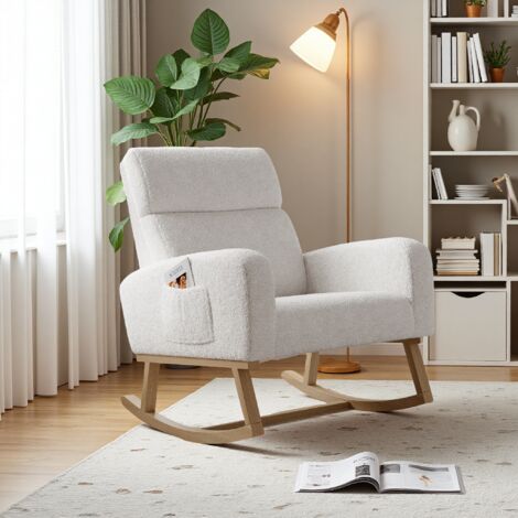 Mecedora tapizada, Terciopelo Teddy, Cojín grueso, Sillón columpio, Reposabrazos con bolsillos, Sillón de sala, Sillón para dormitorio y balcón, Blanco (1/5)