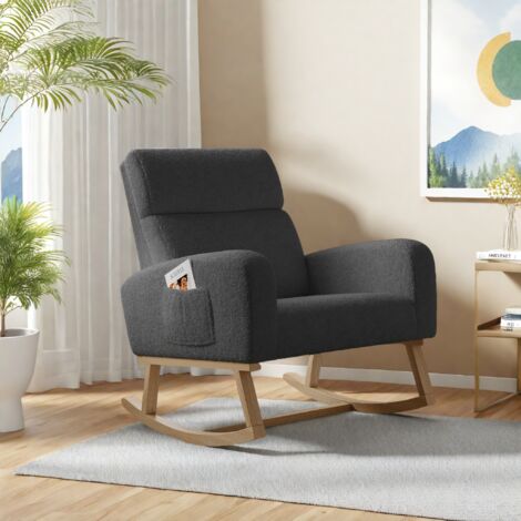 Mecedora tapizada, Terciopelo Teddy, Cojín grueso, Sillón columpio, Reposabrazos con bolsillos, Sillón de salón, Sillón para dormitorio y balcón, Gris oscuro