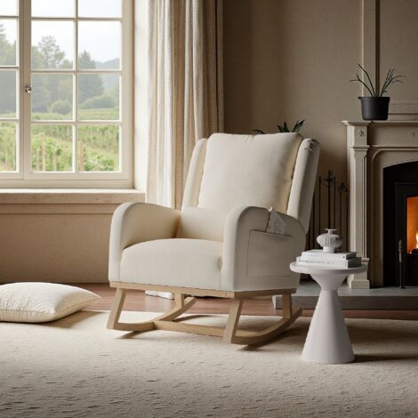 Mecedora de lino, sillón relajante con almohada lumbar, columpio, reposabrazos con bolsillos, sillón para sala de estar, dormitorio, balcón, beige.