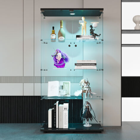 Vitrina de cristal de doble puerta, 4 estantes, vitrina para objetos de colección, con cerradura e iluminación LED, taquillas de cristal para oficina y sala de estar, color negro.