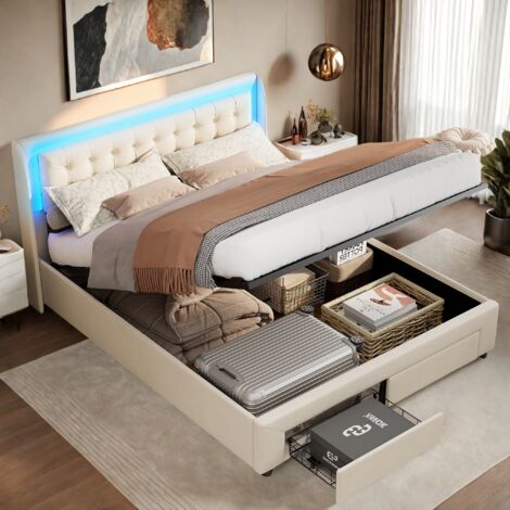 Cama tapizada 180x200 cm, Cama hidráulica, Cajones 2 en 1, Cabecero con tiras de luz LED, Cama de matrimonio, Listones de madera, Terciopelo beige (1/5)