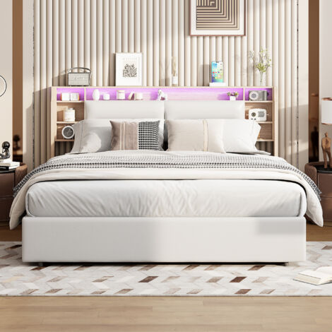 Cama tapizada 140 x 200 cm, Cama doble, Canapé hidráulico, Cabecero con luz LED y espacio de almacenaje, PU, Blanco (1/5)