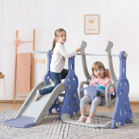Tobogán de interior para niños, tobogán 4 en 1 para niños de 1 a 3 años, soporte de baloncesto, escalera de escalada, tobogán columpio, tobogán para interior y exterior, azul (1/5)