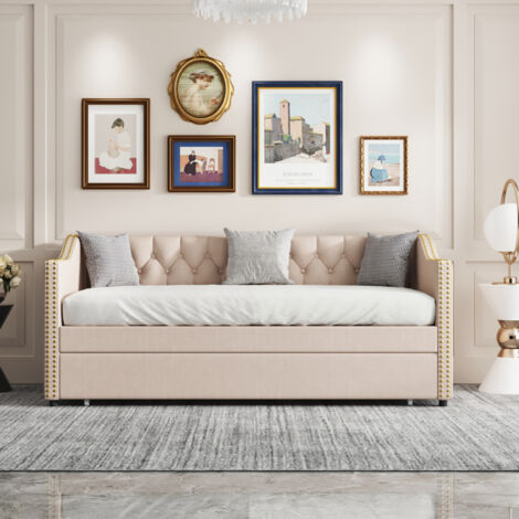 Sofá cama 90x200 cm, cama infantil, cama nido, para niño e invitados, sofá cama, cama tapizada, beige, tela de lino