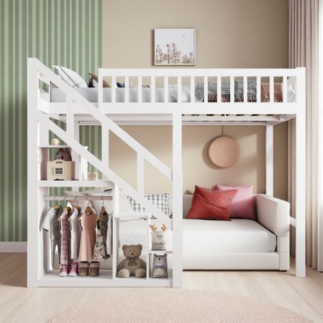 Litera 90x200 cm, cama alta infantil con escalera y armario, cama individual, litera, madera maciza, gran espacio debajo de la cama, color blanco