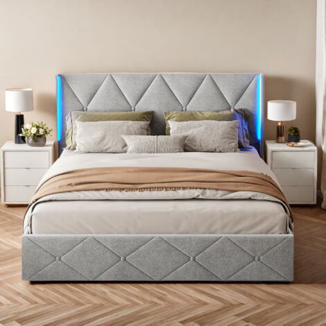 Cama tapizada 140x200 cm, canapé hidráulico, cabecero con tira de luz LED, cama doble, cama estilo europeo, franela, gris