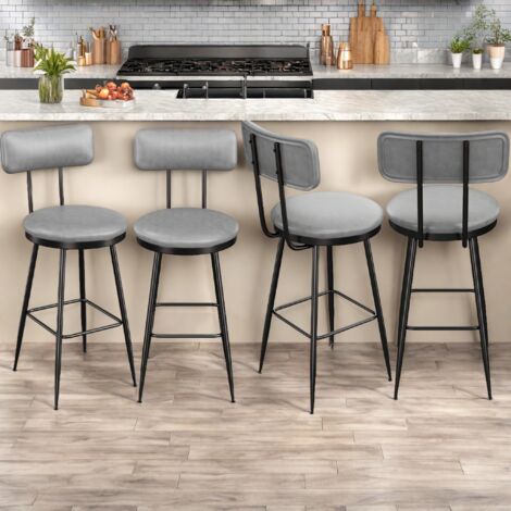 Juego de 4 taburetes de bar gris oscuro con respaldo y reposapiés, silla de bar para cocina y bar, piel sintética, patas de metal negro, estilo moderno, 65 cm de alto, silla para el hogar.