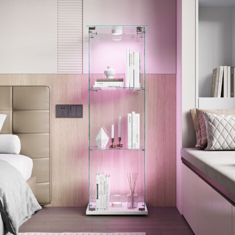 Vitrina de cristal de una puerta y tres niveles, vitrina independiente para objetos de colección, con cerradura y luz LED, para salón, dormitorio y oficina, color blanco