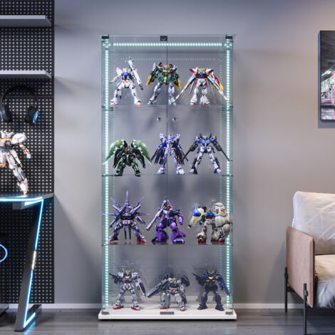 Vitrina de cristal, vitrina de cuatro niveles con dos puertas, vitrina independiente para objetos de colección, taquillas con cerradura y barra luminosa, para salón, dormitorio, oficina, color blanco