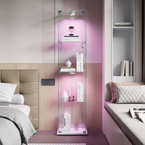 Vitrina de cristal de una puerta y cuatro niveles, vitrina independiente para objetos de colección, con cerradura y luz LED, para salón, dormitorio y oficina, color blanco