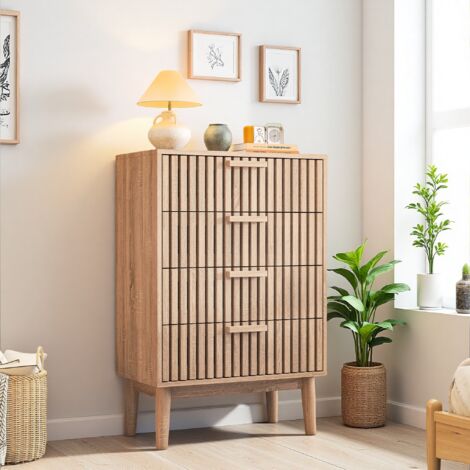 Cómoda dormitorio, 4 cajones, mueble dormitorio en color madera, mueble de almacenaje para dormitorio fabricado en madera, patas de madera maciza, aparador para despacho salón