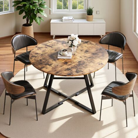 Mesa de comedor redonda para 4-6 personas, 120 cm, base de metal, mesa de cocina con compartimento de almacenamiento, mesa de comedor rústica para casa, comedor, sala de estar, marrón
