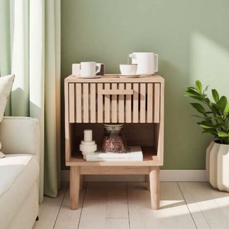 Juego de 2 mesitas de noche, mesita de noche de madera con cajón, patas de madera maciza, compartimento abierto, mesa auxiliar para salón, mesa de sofá, color madera (1/5)